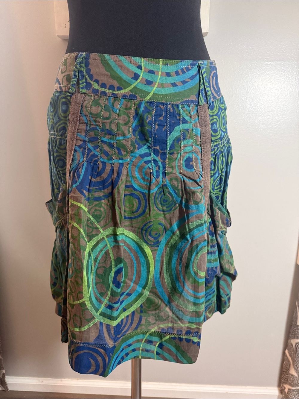Promod Boho Indie Blue Green Spiral Print 100% Cotton Cargo Utility Mini Skirt